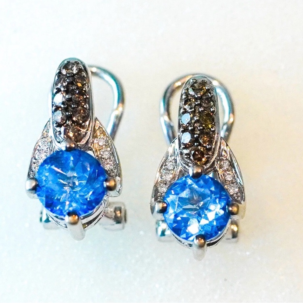 Le Vian 14K White Gold 2 1/3ctw Natural Diamond & Blue Topaz Omega Earrings 5.6g